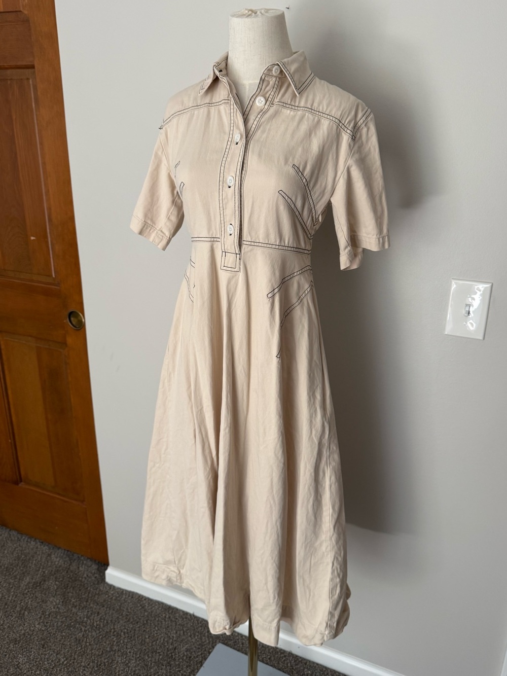 Rosetta Getty Beige Midi Shirt Dress Black Contrast Stitching size 2